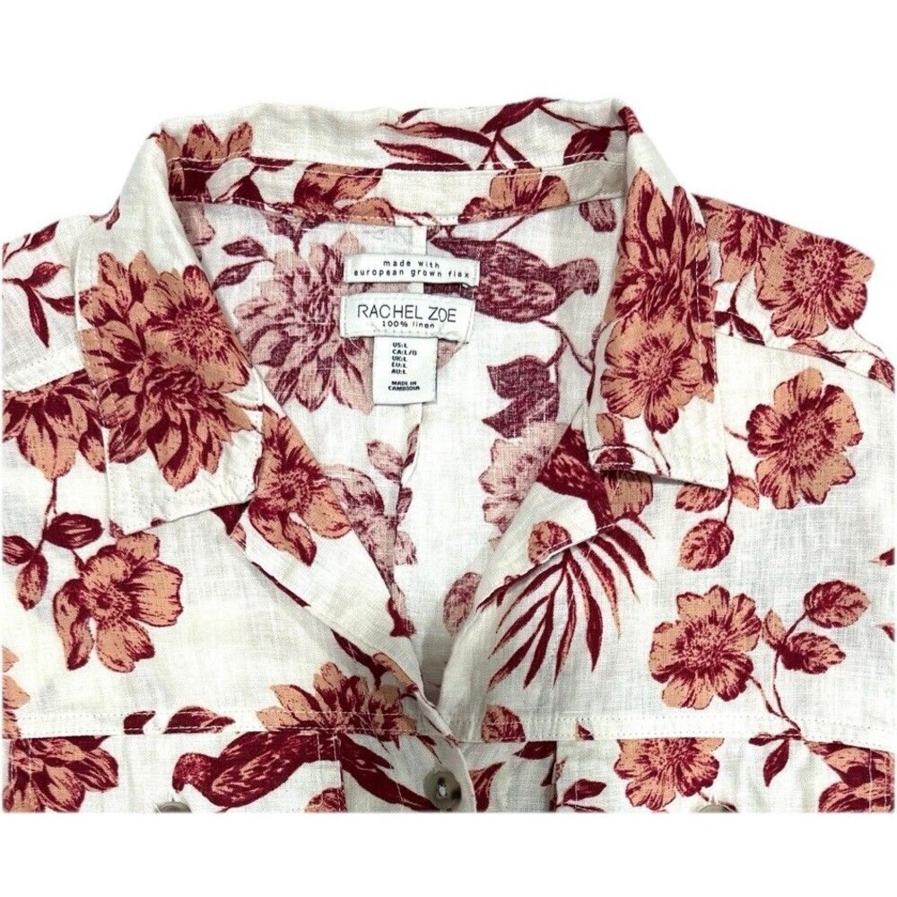 Rachel Zoe Button Up Linen Floral Bird Print Shirt Blouse Women L Missing Belt - Picture 4 of 9